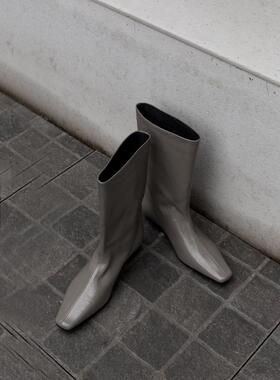 Le' Queen舒适通勤 大粗腿阔筒中靴一脚蹬直筒小坡跟方头摔纹牛皮