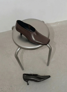 Ls' rommors 复古上头 方头奶奶鞋女酒杯跟一脚蹬素面低跟单鞋子