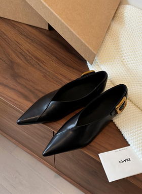 Le' Queen气质平底尖头鞋女浅口法式单鞋新款春胎牛皮搭扣女巫鞋