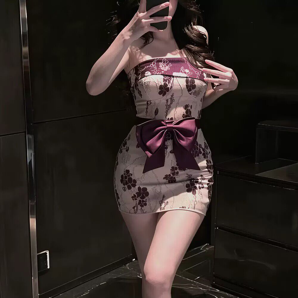 深紫性感印花蝴蝶结抹胸大码