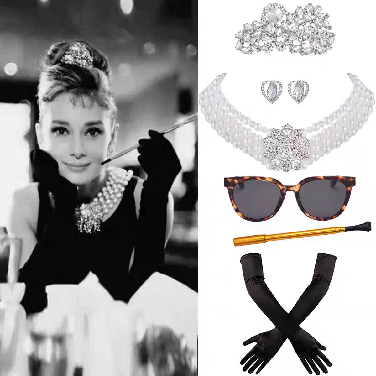 奥黛丽·赫本风人造珍珠项链手链皇冠套装自蒂凡尼的早餐女士配饰