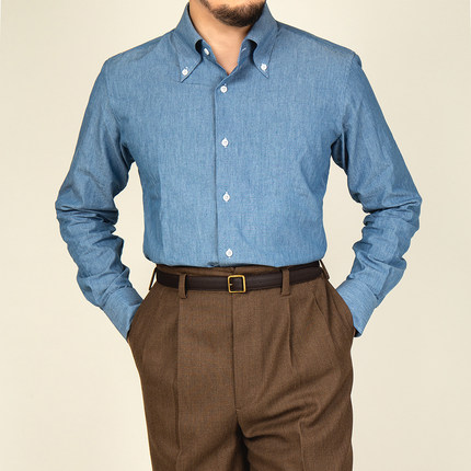 FABRIC SHOP 蓝色牛仔青年布衬衫男 休闲长袖纽扣领男士纯棉衬衫