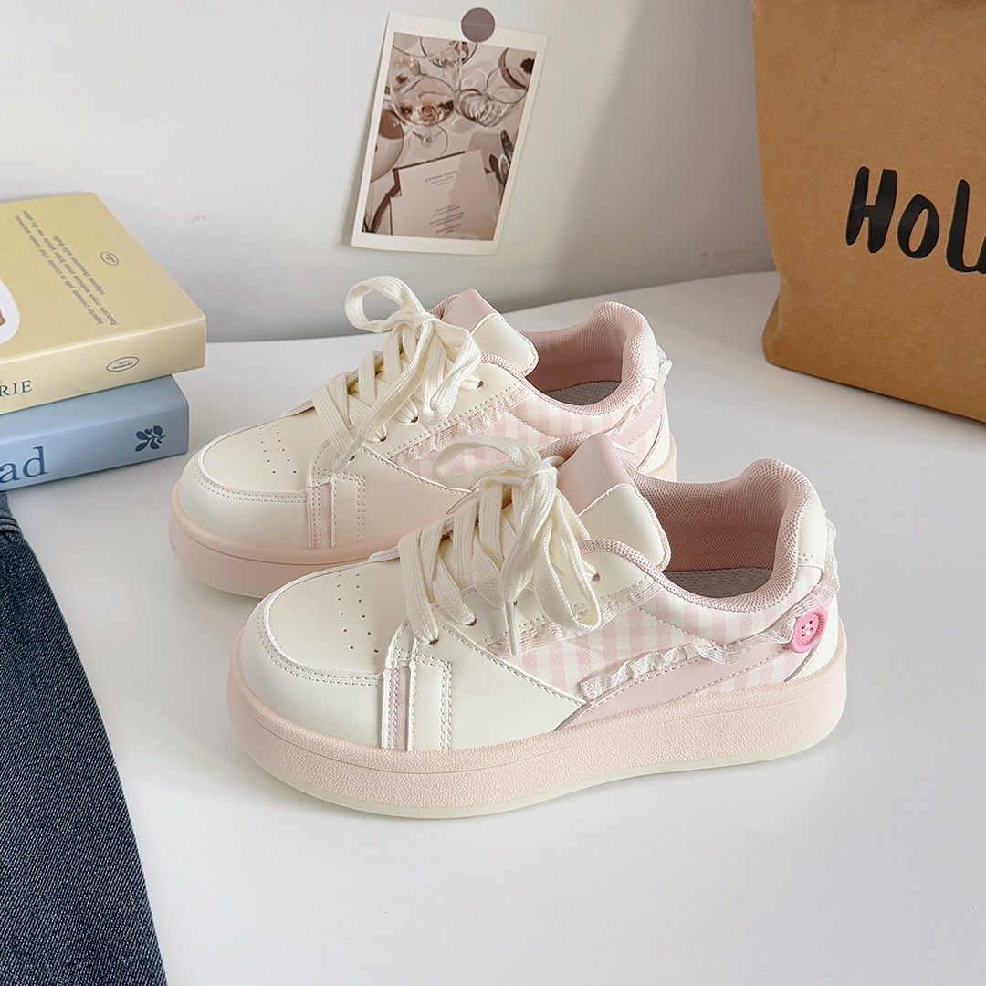 韩版原创厚底纽扣小白鞋女2025新款透气蕾丝花边小清新百搭面包鞋,女鞋,时尚休闲鞋,淘宝优惠券,粉丝福利购,淘宝优惠卷
