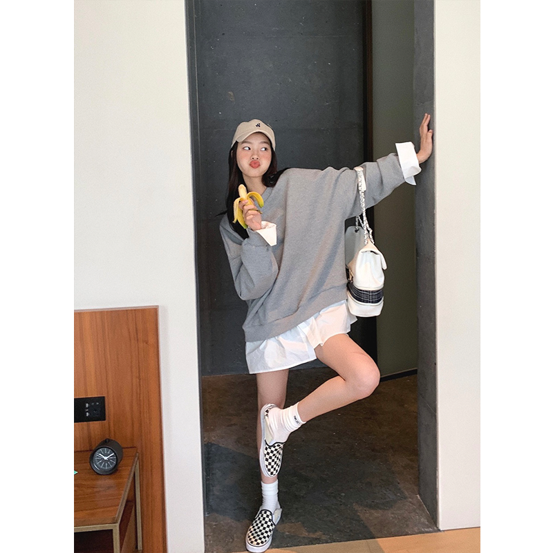 张贝贝ibell假两件卫衣女2021年春秋新款薄款圆领韩版奶甜上衣潮