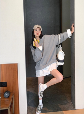 张贝贝ibell假两件卫衣女2021年春秋新款薄款圆领韩版奶甜上衣潮