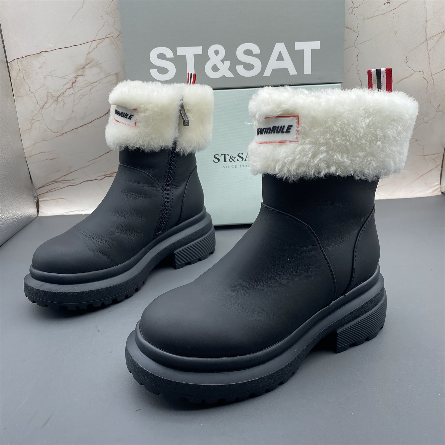 正品ST&SAT星期六撤柜断码牛皮女鞋羊毛加绒棉鞋侧拉链平底雪地靴