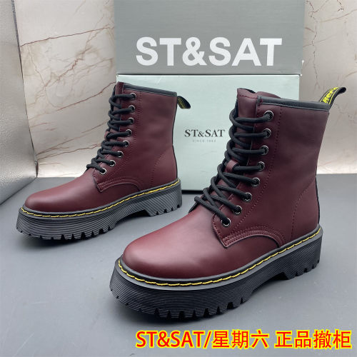 35码ST&SAT星期六撤柜断码真皮女鞋系带平跟防滑圆头时尚马丁靴