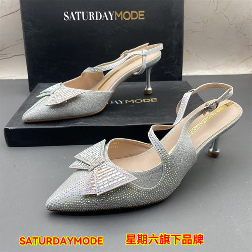 正品SATURDAYMODE商场断码撤柜女鞋细跟高跟水钻尖头包头扣带凉鞋