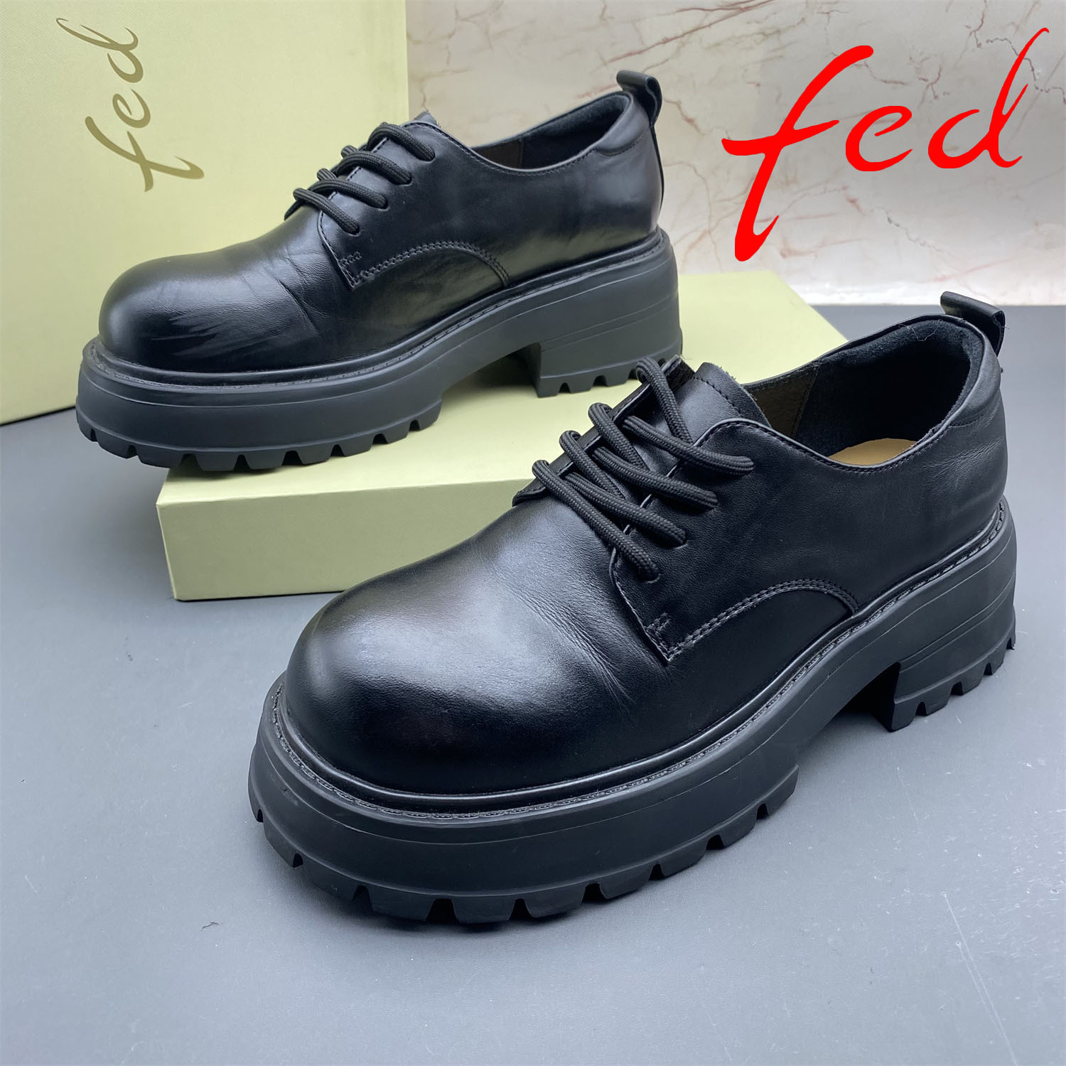 36码fed/艾芙伊迪撤柜断码牛皮女鞋系带平跟防滑时尚休闲气质单鞋