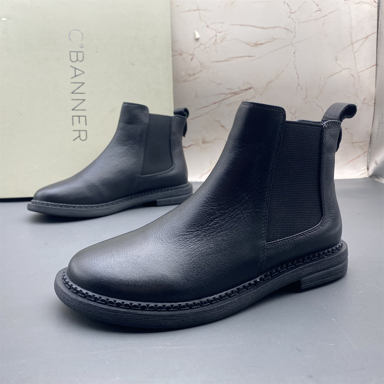 34码C.BANNER千百度撤柜断码牛皮女鞋圆头平跟套筒加绒棉鞋短靴