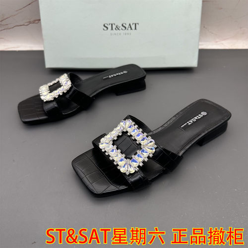 正品ST&SAT星期六撤柜断码处理女鞋水钻平跟防滑露趾时尚凉拖鞋