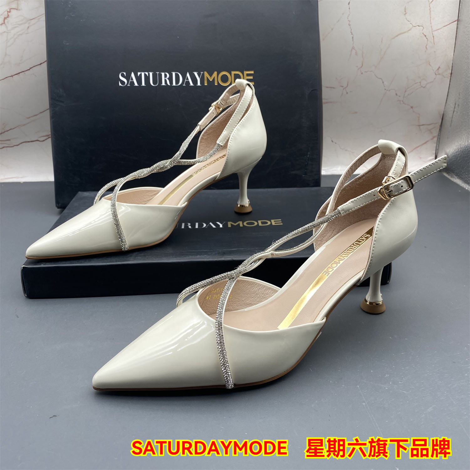 正品SATURDAYMODE商场断码撤柜牛皮女鞋尖头水钻中空高跟细跟凉鞋