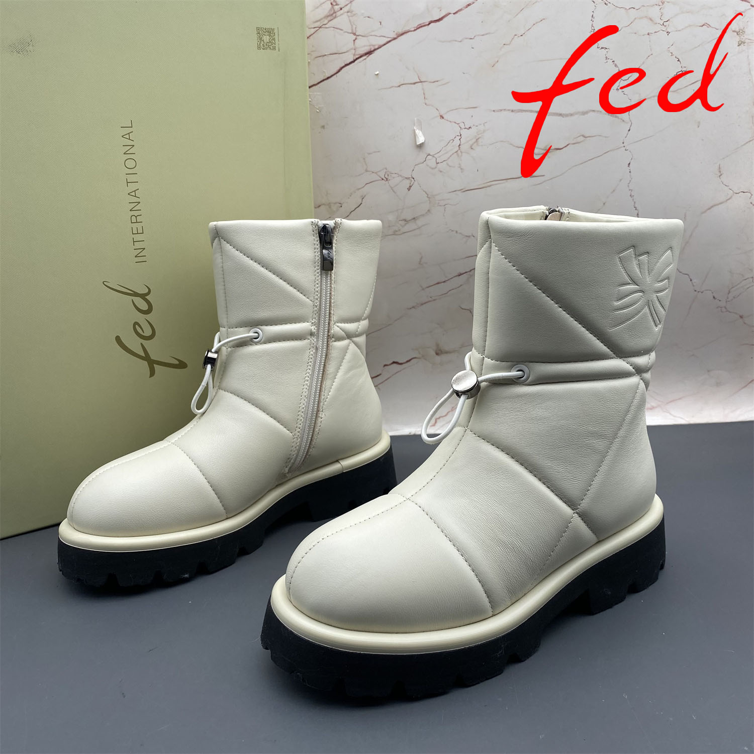 正品fed/艾芙伊迪撤柜断码羊皮羊毛女鞋平跟侧拉链棉鞋时尚雪地靴