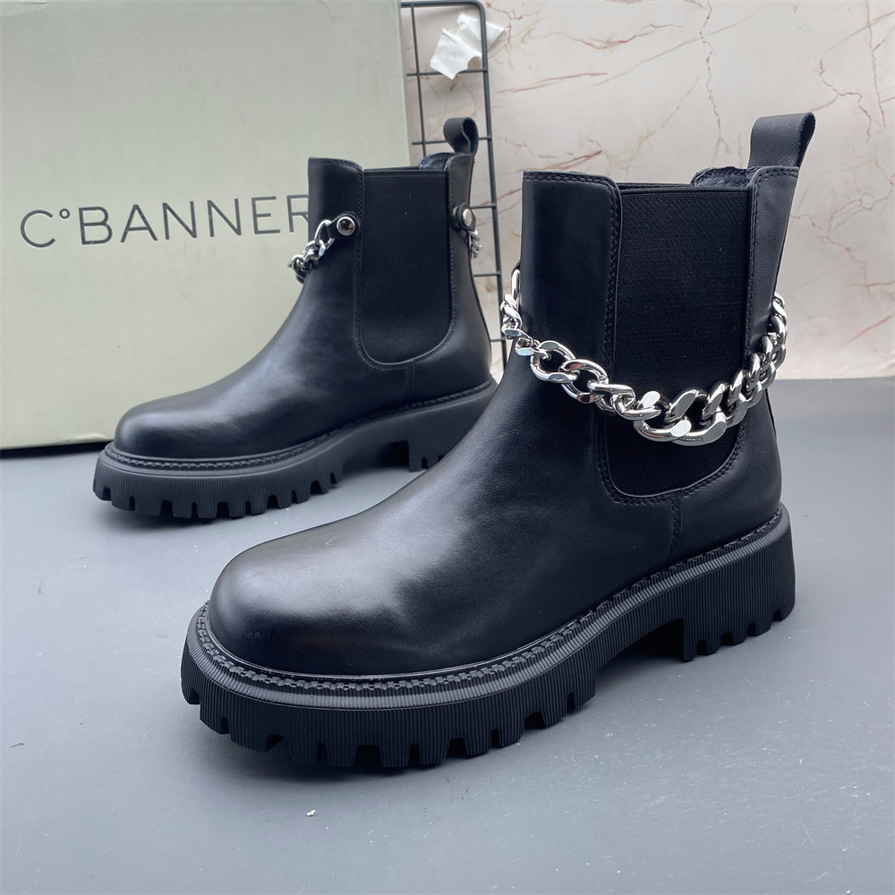 C.BANNER千百度撤柜牛皮女鞋平跟防滑圆头真皮套筒时尚切尔西短靴