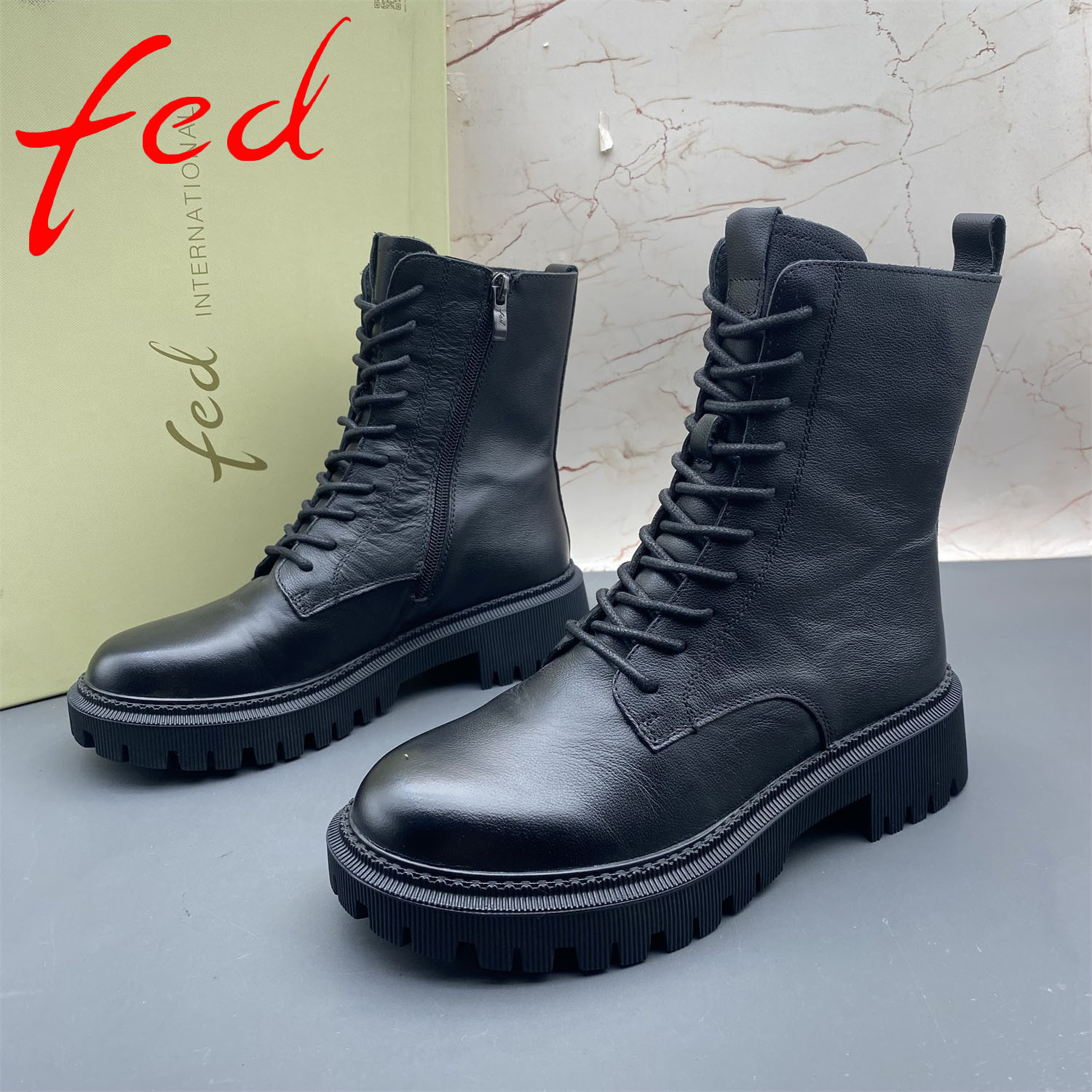 正品fed/艾芙伊迪撤柜牛皮女鞋系带平跟防滑侧拉链休闲时尚短靴