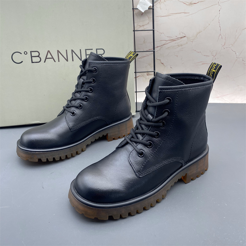 C.BANNER千百度撤柜牛皮女鞋平跟防滑圆头系带时尚气质马丁靴真皮