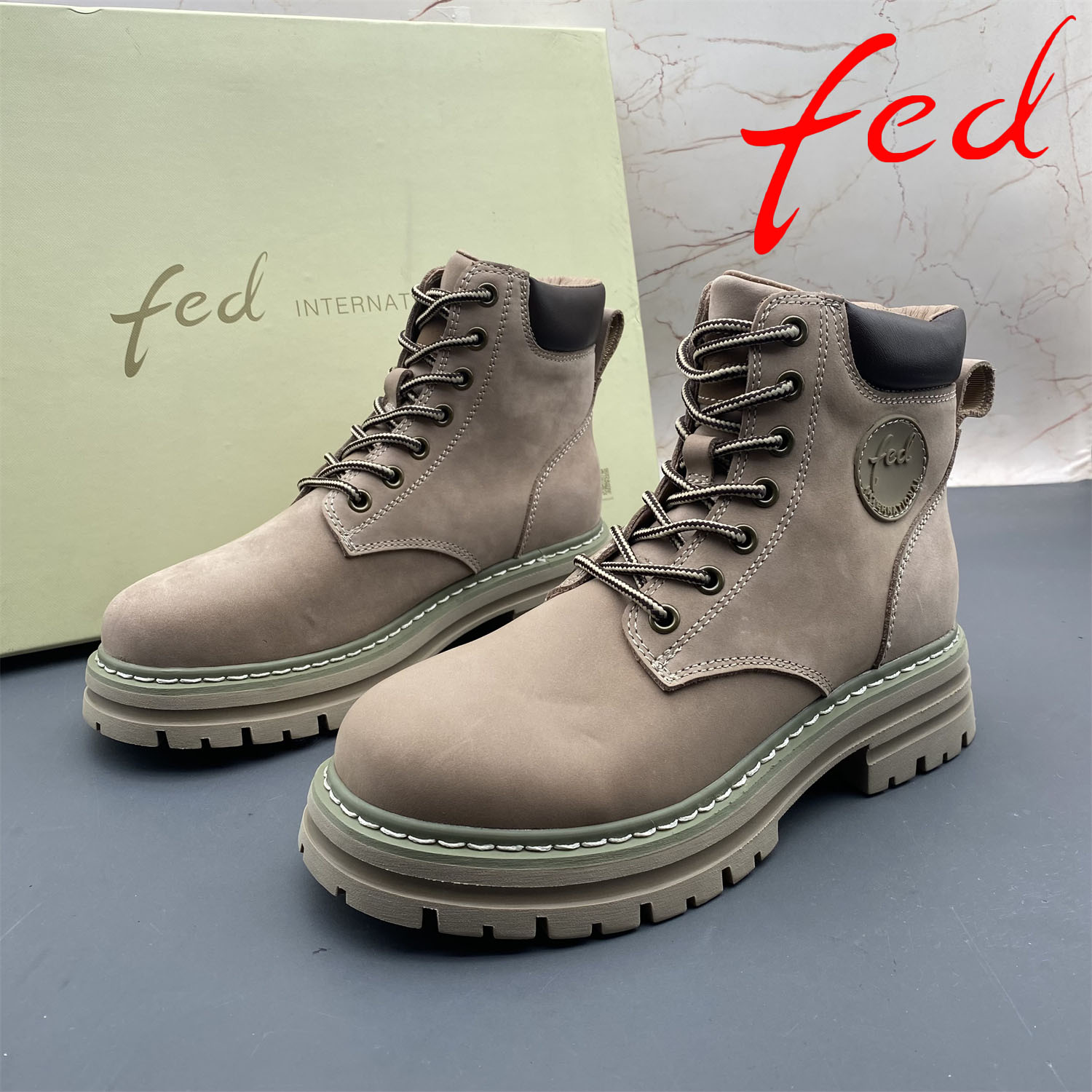 正品fed/艾芙伊迪撤柜断码牛皮女鞋系带圆头平跟防滑时尚马丁靴