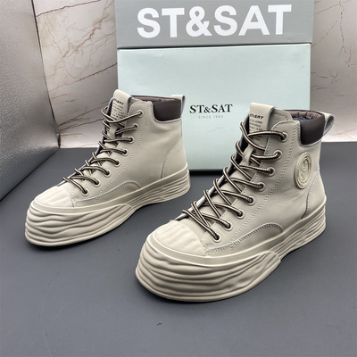 正品ST&SAT星期六撤柜断码真皮女鞋平底防滑圆头系带时尚休闲短靴