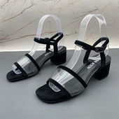 撤柜处理女鞋 新款 粗跟中跟露趾中空扣带时尚 真皮羊皮品牌断码 凉鞋