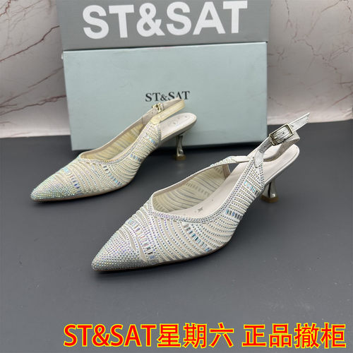 正品ST&SAT星期六撤柜断码处理女鞋高跟细跟中空扣带时尚露趾凉鞋