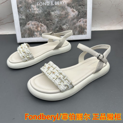 正品Fondberyl/菲伯丽尔撤柜断码处理女鞋平跟防滑扣带侧空凉鞋