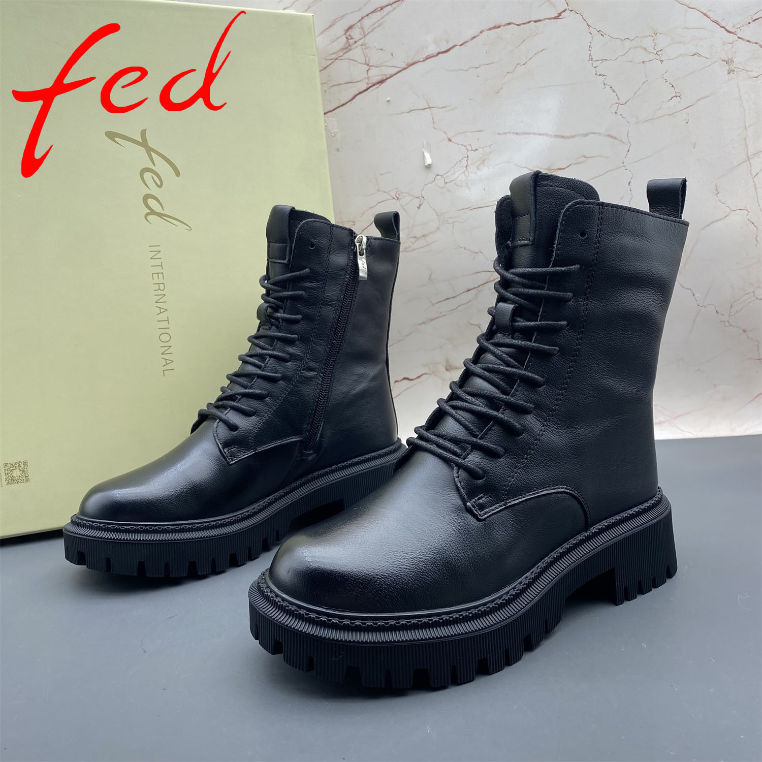 正品fed/艾芙伊迪撤柜牛皮女鞋羊毛加绒棉鞋系带平底拉链冬季短靴