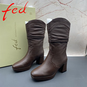 fed 艾芙伊迪撤柜断码 羊皮女鞋 34码 方头套筒粗跟高跟短靴加绒棉鞋