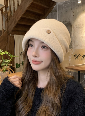 冬季羊毛混纺护耳针织帽女显脸小