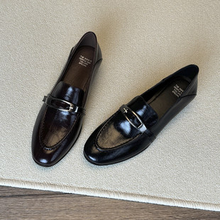 Wheat house ~！复古英伦风金属扣乐福鞋女粗跟一脚蹬通勤小皮鞋