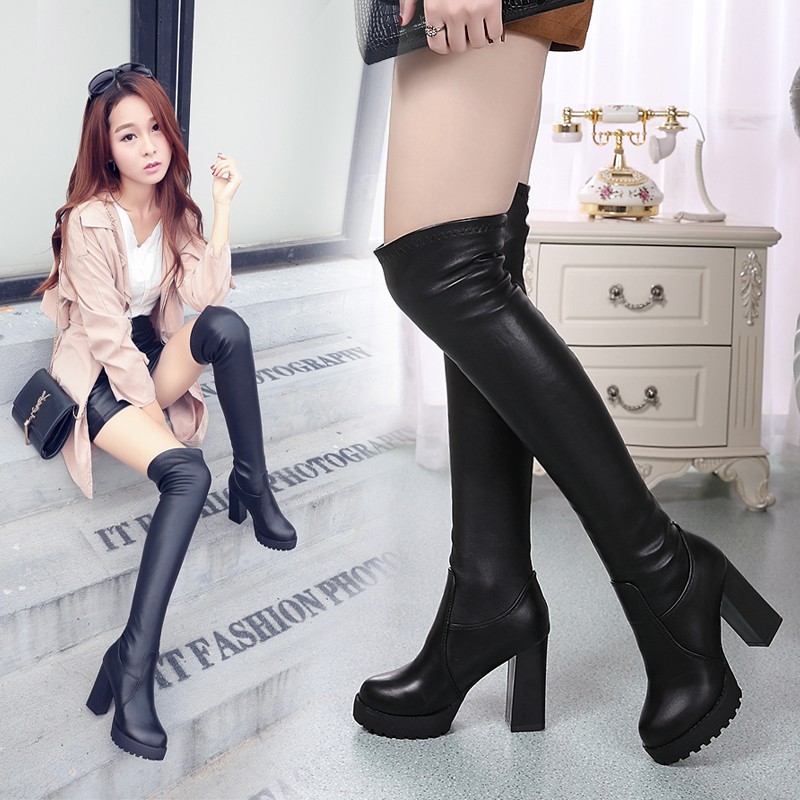 显瘦超高跟防水台弹力过膝靴