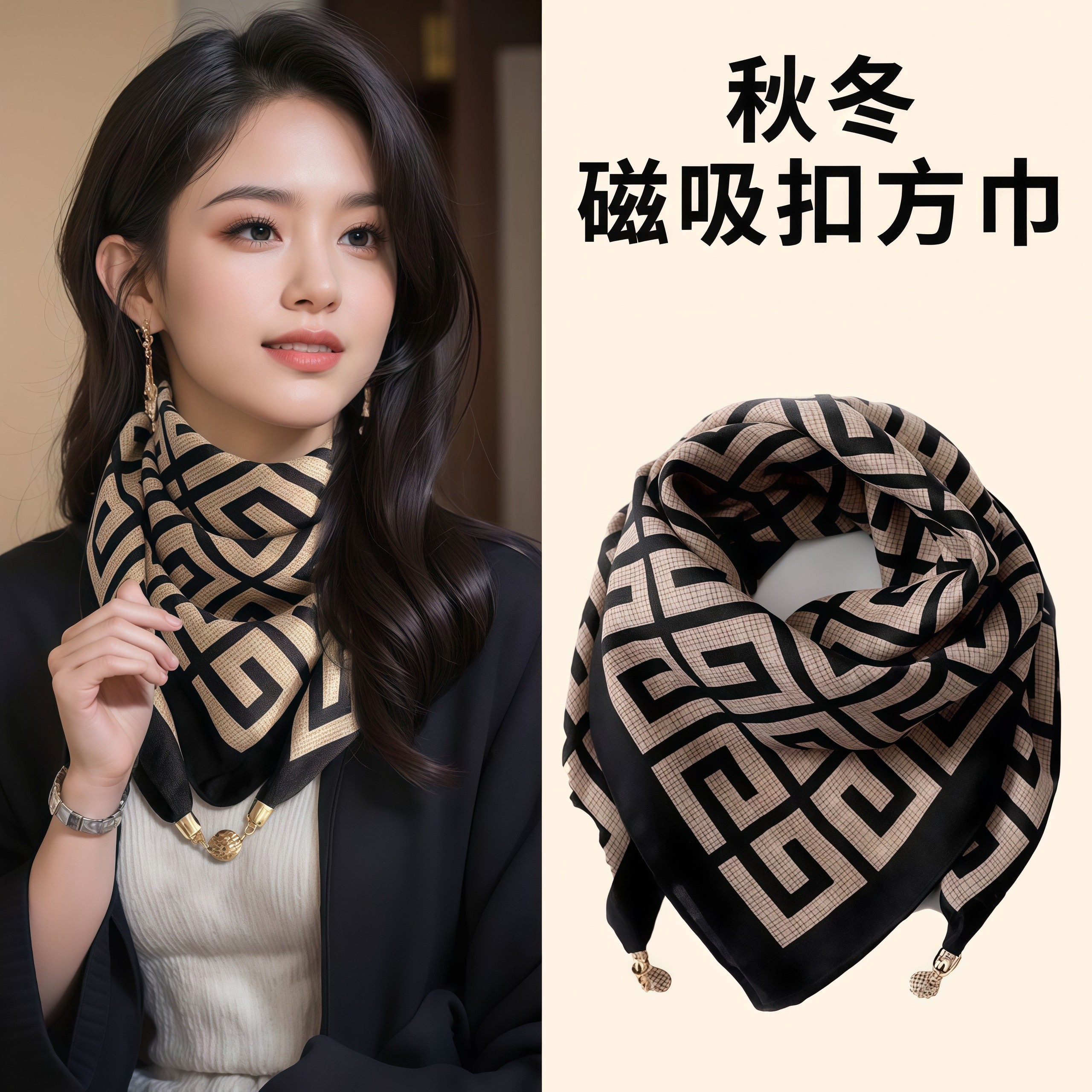2025新款保暖方巾磁吸扣三角丝巾棉围巾女春秋冬洋气围脖气质百搭
