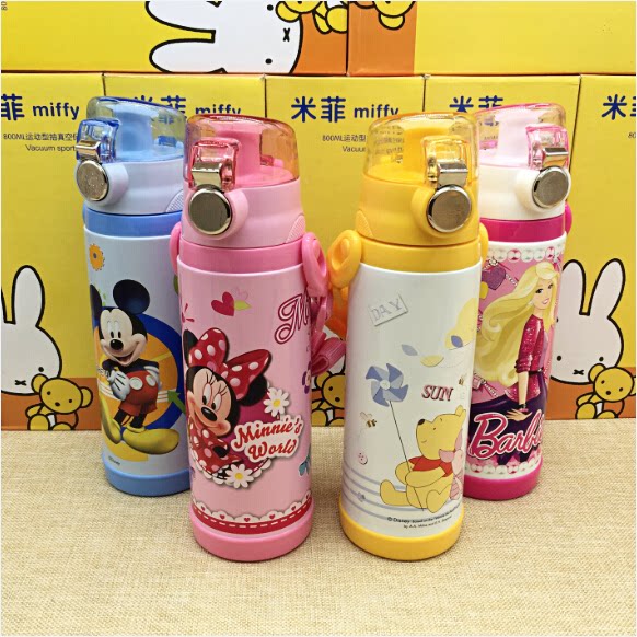 迪士尼儿童保温杯3415米奇学生不锈钢直饮水壶 宝宝背带杯子暖瓶