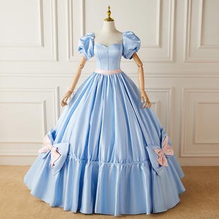 蓝色缎面迪士尼在逃公主赫本宫廷泡泡袖演出艺考独唱主持人蓬礼服