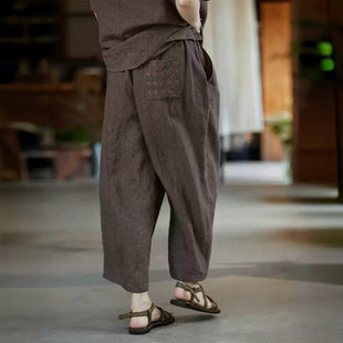 0096 茶棕色亚麻松紧腰士林染萝卜裤 夏款