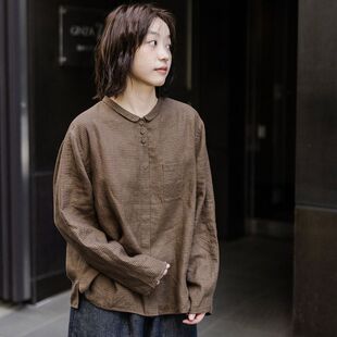 翻领格子色织衬衫长袖复古宽松百搭咖色休闲开襟原创亚麻