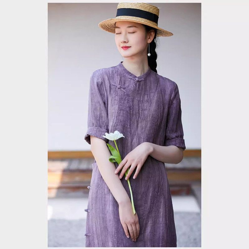 长裙扎染宽松全开春旗袍复古中长襟肌理遮肉襟夏新亚麻改良