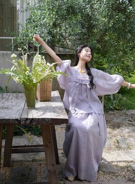 苎麻感套装上衣紫色雾清冷国风三件套 刺绣半裙女装高级感吊带