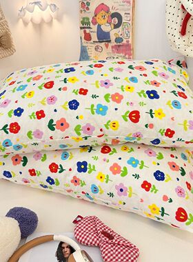 简约少女心泡芙纱水洗棉枕套一对2个装枕头套48x74宿舍单人枕芯套