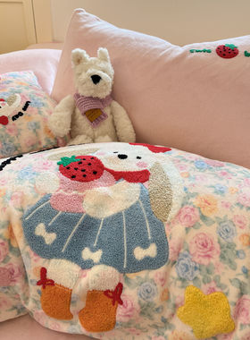 韩式卡通兔子牛奶绒加厚三四件套少女心毛巾绣被套宿舍冬季床单笠