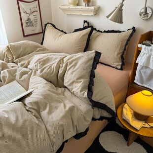 ins条纹小爱心水洗双层纱被套花边四件套简约床单床笠宿舍三件套