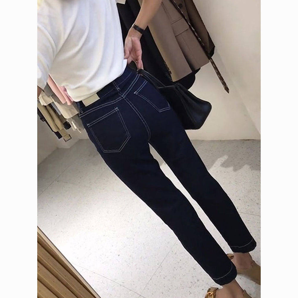 丹宁黑蓝色修身牛仔裤女复古高腰直筒烟管裤高腰显瘦九分裤子