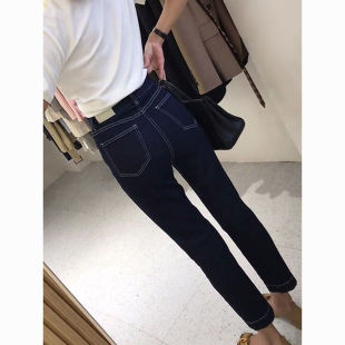高腰显瘦九分裤 女复古高腰直筒烟管裤 子 牛仔裤 丹宁黑蓝色修身