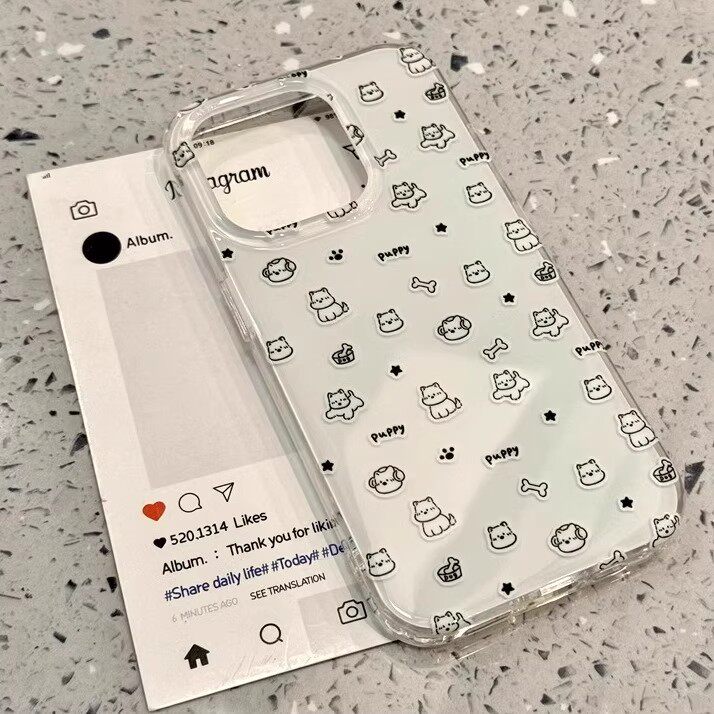 白色满屏狗狗适用苹果16promax手机壳15/14新款13女12简约11pro线条西高地X/XR挂件7/8plus网红6plus白色大孔