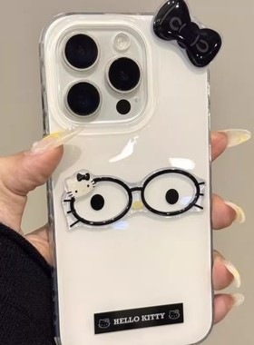 眼镜KT猫蝴蝶结适用苹果17promax手机壳白色IMD16/15卡通14女13简约11pro防摔X/XR趣味7/8plus情侣6plus大孔