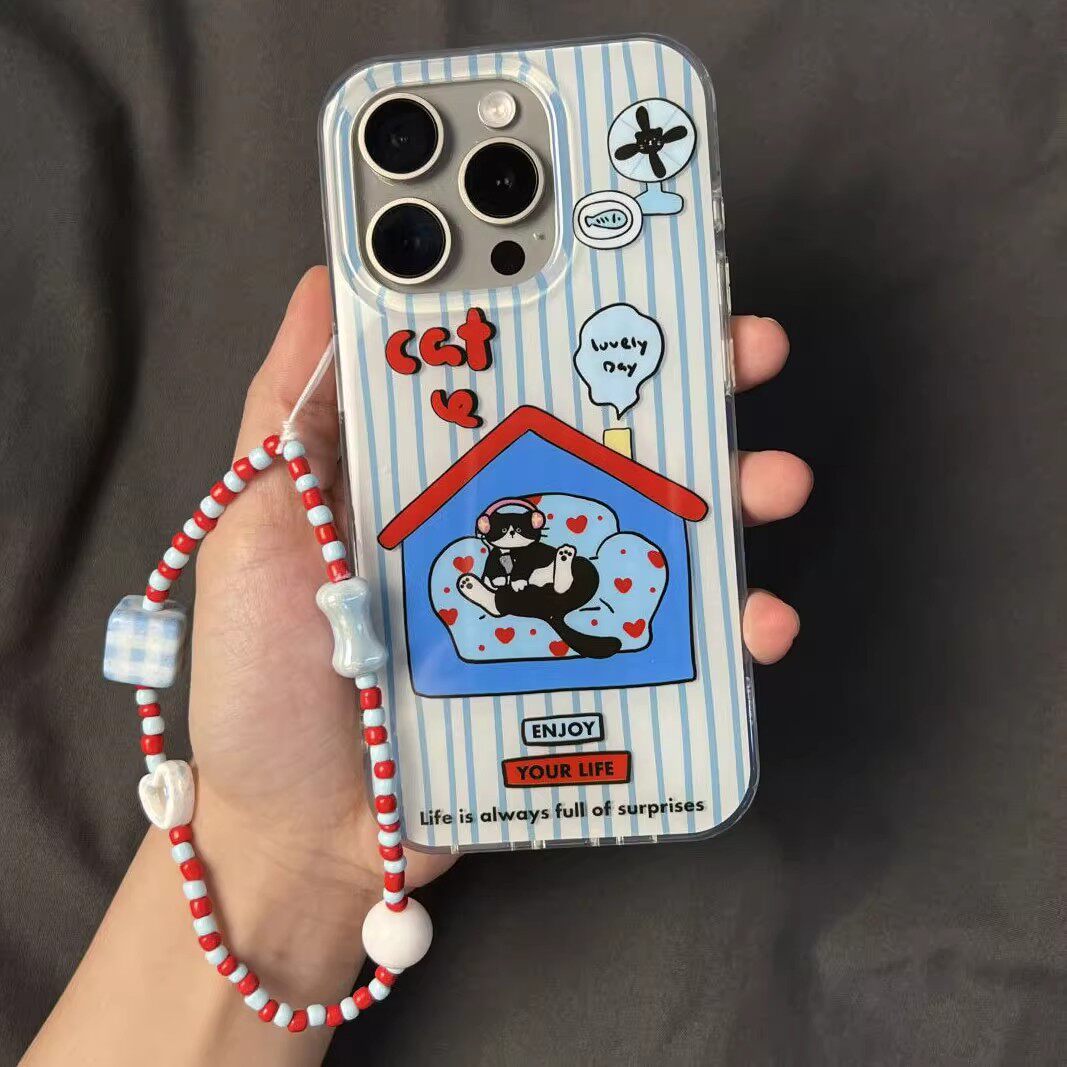 蓝条纹房子宅猫适用苹果16promax手机壳15/14新款13女12简约11pro情侣X/XR挂件7/8plus网红6plus白色大孔
