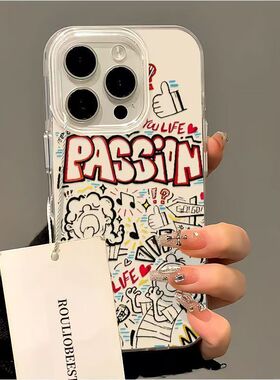 英文手绘漫画风适用苹果17promax手机壳白色16/15卡通14女13简约11pro小米X/XR趣味7/8plus情侣华为大孔线条