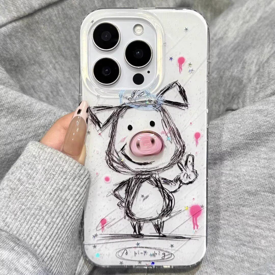 可爱比耶小猪适用苹果16promax手机壳15/14新款13女12简约11pro涂鸦X/XR挂件7/8plus网红6plus白色大孔