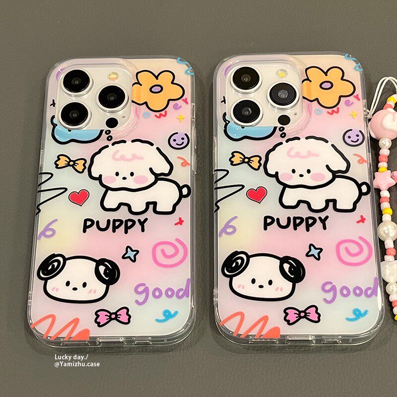 软萌可爱小狗涂鸦适用苹果16promax手机壳15/14新款13女12简约11pro链条X/XR挂件7/8plus网红6plus白色大孔