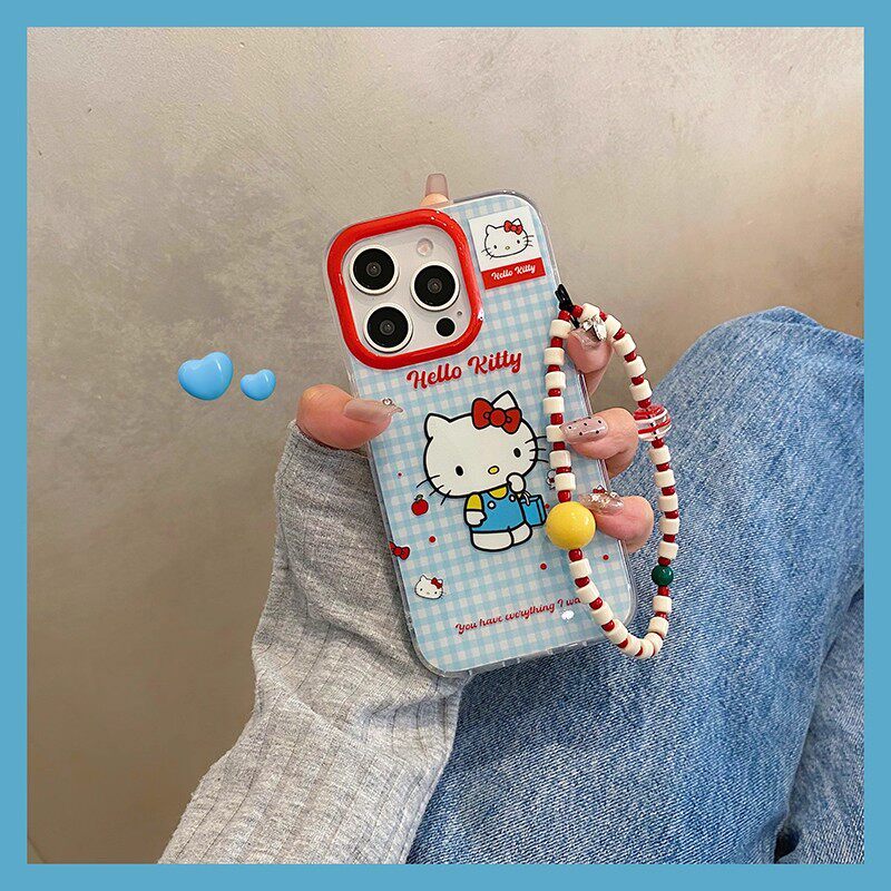 蓝白格可爱kitty猫适用苹果17promax手机壳小米16/15华为14女13简约11pro防摔X/XR挂件7/8plus一加6plus大孔