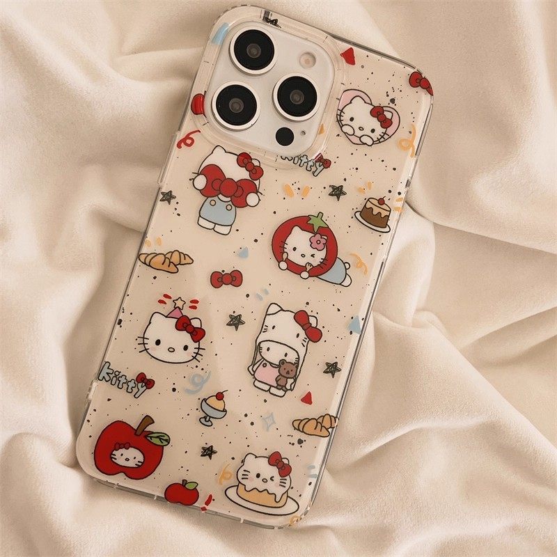 ins泼墨卡通涂鸦KT猫适用苹果16promax手机壳15/14新款13女款12简约11pro可爱X/XR挂件7/8plus网红6plus白色